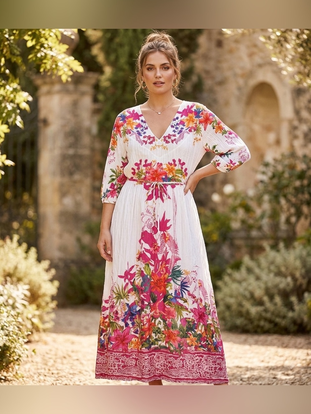 Woman’s INC International Concepts White Midi Dress with Pink Floral Print